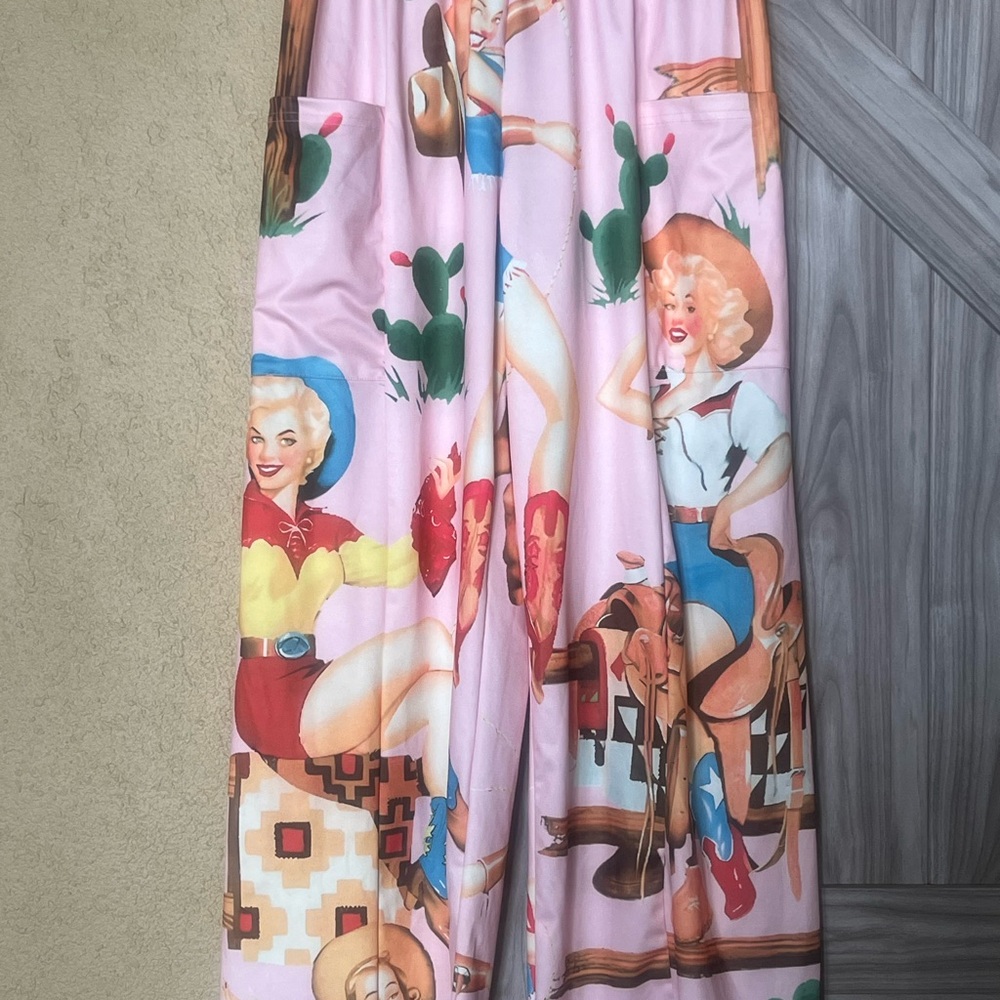 Vintage Western Print Wide-Leg Pants